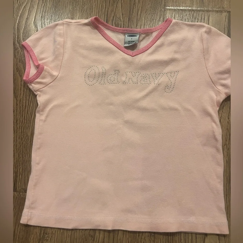 Y2K Vintage Pink Old Navy Studded Logo Tee Size 7 EUC